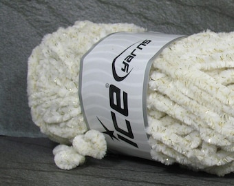Velvet Chenille Glitz Super Bulky Yarn by Ice Yarns #36841 66yd/60m . Microfiber Lurex . Cream Gold Sparkle