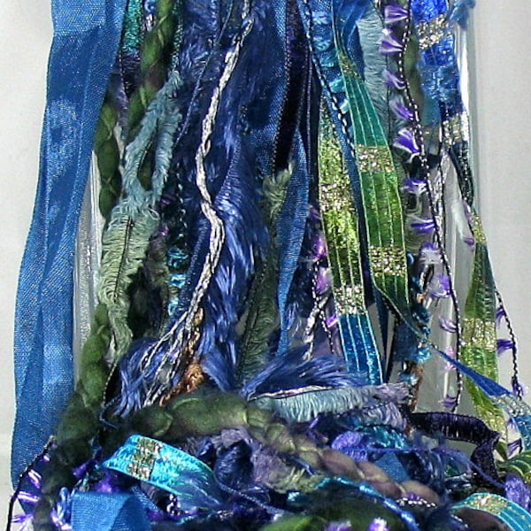 Stained Glass Elements 9x2 18yd . Art Yarn Fiber Bundle . Teal Cobalt Purple . Handspun Wool Specialty Ribbons Sparkle Luxury Yarns Pack