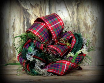 Clan Fraser Outlander Christmas Elements 12yd Fantasy Fiber Art Yarn Bundle . Red Green Moss .  Wool Tartan Ribbon