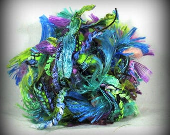 Tide Pool Elements 12yds 6x2 Fiber Art Yarn Bundle . Turquoise Chartreuse Violet Aqua Gold . Hand Dyed Yarn Ribbons Novelty Yarn Sample Pack