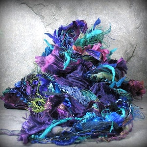 Watermark Elements 13x2 26yd Fiber Art Yarn Bundle . Painted Merino Wools Dyed Ribbon Novelty Yarn . Cobalt Berry Emerald Eggplant Turquoise