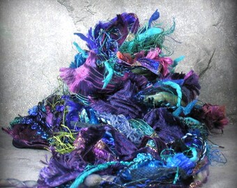 Watermark Elements 13x2 26yd Fiber Art Yarn Bundle . Painted Merino Wools Dyed Ribbon Novelty Yarn . Cobalt Berry Emerald Eggplant Turquoise