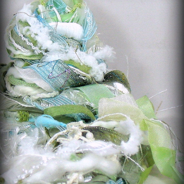 Morning Surf Elements 18yd Art Yarn Bundle . DIY Fiber Art Craft Kit . Sage Aqua Mint White . Dyed Yarn/Ribbon Sari Silk Pearls Sampler Pack