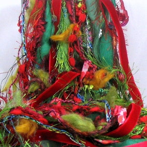 Raggedy Ann Christmas Elements 13x2 26yd Fiber Art Yarn Bundle . Mixed Media Craft Pack . Red Green . Wool Velvet Novelty Yarns Sampler Pack