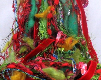 Raggedy Ann Christmas Elements 13x2 26yd Fiber Art Yarn Bundle . Mixed Media Craft Pack . Red Green . Wool Velvet Novelty Yarns Sampler Pack