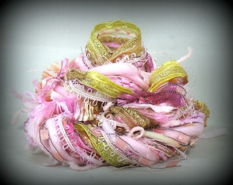 Petit Four Elements 26yd 13x2 Fiber Art Yarn Bundle . Pink Rose Apricot Cognac Gold Shimmer . Cotton Specialty Ribbons Luxury Yarn Sampler