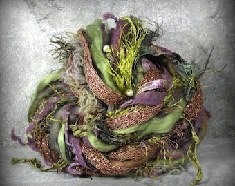 Morgaine Elements 12yd . Mixed Media Art Yarn Bundle . Boho Fiber Art Craft Pack Featuring Merino Wool Pearls . Plum Moss Bronze