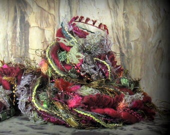 Cranberry Forest Elements 12yd 6x2 Art Yarn Bundle . Christmas Fiber Art Crafts . Wool Novelty Yarn Sampler Pack . Berry Moss Sage Gold