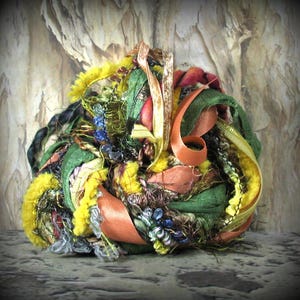 The Old Mill Pond Elements 26yd Art Yarn Bundle . Mixed Media Fiber Art Craft Supplies . Wool Sari Silk Novelty Yarn Pack . Moss Copper Gold