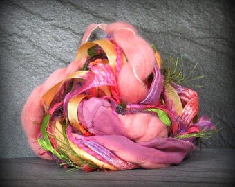 Hibiscus Elements 26yd Summer Brights Art Yarn Bundle . Mixed Media Fibers Mini Weaving Journal Scrapbook . Wool Chiffon Leaves