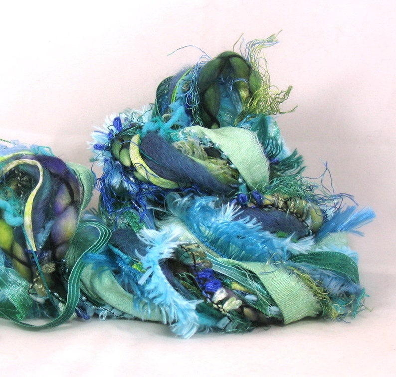 Caribbean Blue Elements 26yd 13x2 Art Yarn Fiber Bundle . Mixed Media Journal . Turquoise Aqua Teal . Spun Wools Sari Silk Luxury Yarns Pack image 5