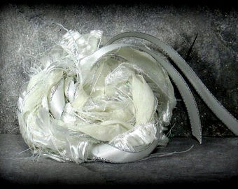Snow Angel Elements 12yds Monochrome White Art Yarn Bundle . Mixed Media Fiber Art Craft Pack . Sari Chiffon Satin Sequins