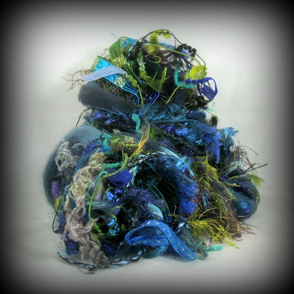 Faerie Lagoon Fantasy Elements 26 yds 13x2 Fiber Art Yarn Bundle . Teal Moss Blue . Handspun Wools Specialty Ribbons Fringe Luxury Yarn Pack