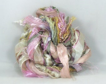 Cabbage Rose Elements 26yd Shabby Chic Art Yarn Bundle . Textile Craft Kit . Sari Silk Dyed Ribbon/Yarn Luxury Fibers . Pink Gold Cream Gray