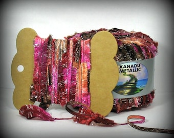 5 Yards Xanadu Metallic Ribbon #3 by Knitting Fever . Cherry Fuchsia Chocolate Peach . Scrapbooking Mixed Media Journal