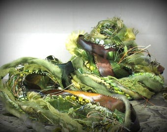 Okefenokee Elements Art Yarn Bundle 22yd . Dyed Yarn Painted Ribbon Pearls . Textile Craft Pack