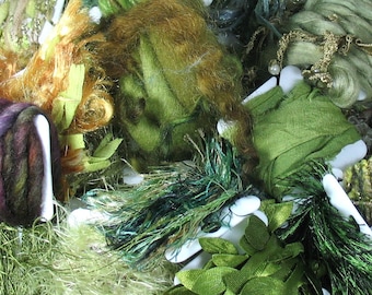 Forests and Other Greenery Textural Elements 50yd 25x2 . Handspun Hand Dyed Merino Wools Sari Silks Novelty Fibers Ribbons Grab Bag Bundle