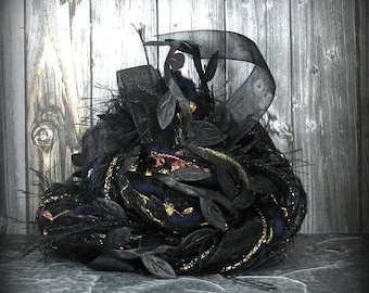 Silhouette Elements 18yd 9x2 Black Fantasy Art Yarn Bundle . Leaves Organza Sparkly Fringes Gold Accents