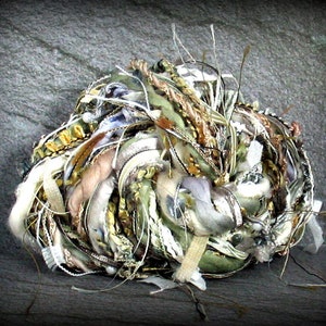 Driftwood Cove Elements 18yds 9x2 Neutral Fiber Art Yarn Bundle . Mixed Media Journal . Tan Khaki Gray White . Dyed Yarns Pearls Ribbons