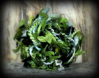 Forest Fairy Elements 12yds . Fiber Art Yarn Bundle . Green Textile Craft Kit . Leaves, Pearls Feathers