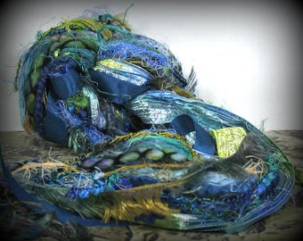 The Ocean Floor Elements 26yds 13x2 Fantasy Fiber Art Yarn Bundle . Textured Mixed Media Textiles . Turquoise Purple Gold Blue Sage