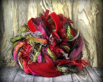 The Wayward Elf Elements 26yd Christmas Fiber Art Yarn Bundle . Red Sage Gold . Holiday Crafts Sampler Pack . Merino Wool Velvet