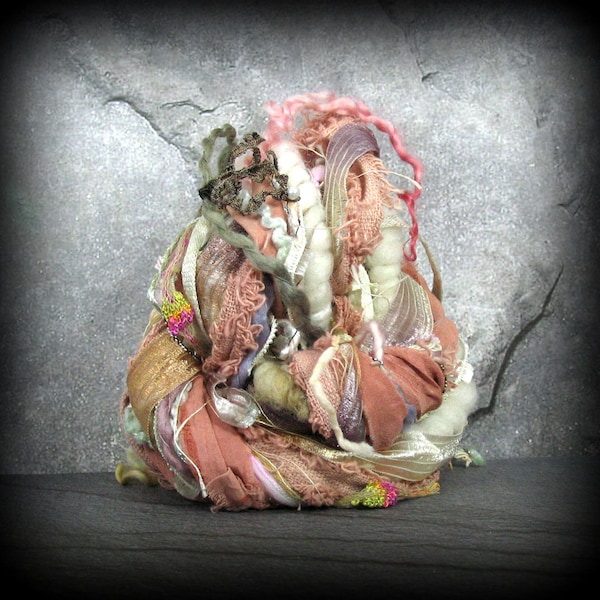 Mushroom Fairy Elements 18x1 18yd Art Yarn Fiber Bundle . Spun Wools Cotton Sari Chiffon Specialty Ribbons Pearls . White Peach Pink Raisin