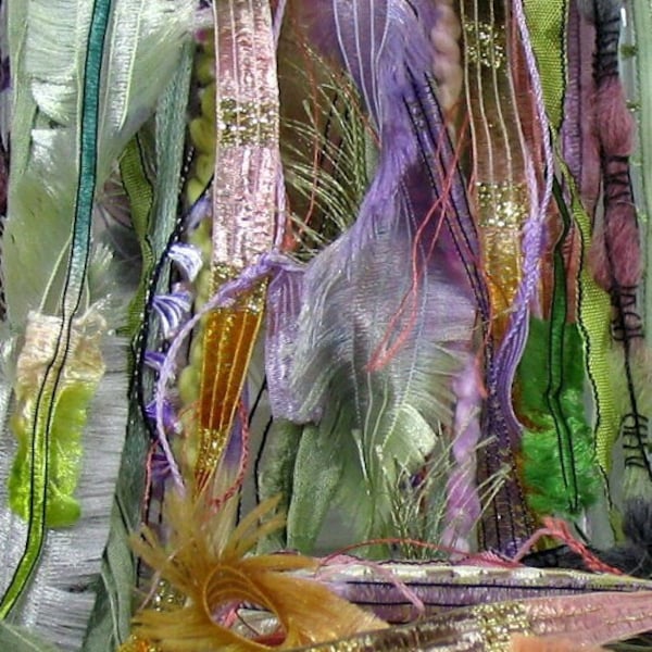Wildflower Waltz Elements 18yd 18x1 Art Yarn Fiber Bundle . Textile Craft Kit . Wool Painted Ribbons Fringe Sari Silk Sparkle Luxury Yarns