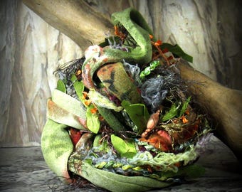 Tree Frog Elements 12yd 6x2 Fiber Art Yarn Bundle . Textile Craft Kit . Leaves Upcycled Cotton . Grass Rust Sage Chestnut