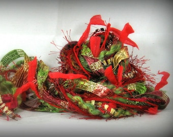 Christmas Stocking Elements 6x2 12yd Fiber Art Yarn Bundle . Mixed Media Textile Craft Kit . Red Green Gold . Dyed Yarn Specialty Ribbons