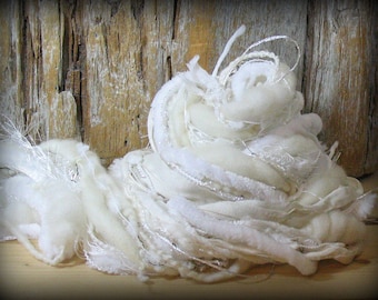 Snowfall Elements 15x2 30yds White Art Yarn Bundle . Fiber Art Textile Craft Kit . Merino Wool Sari Chiffon Sequins
