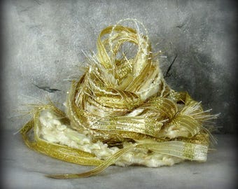 Fairy Soiree Elements 6x2 12yd Luxury Fiber Art Yarn Bundle . Scrapbook Mixed Media Quilt Collage . Champagne Gold Sparkle