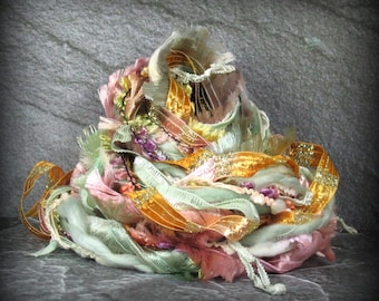 Rock Garden Elements 12yd 6x2 Soft Pastel Fiber Art Yarn Bundle . Hand Dyed Ruffle Ribbon Pearls