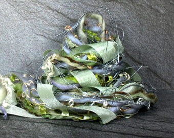 Silver Sage Elements 6x2 12yd Fiber Art Yarn Bundle . Mixed Media Journal ScrapbookTrim . Sage Gray Silver . Ribbons Pearls Luxury Yarn Pack