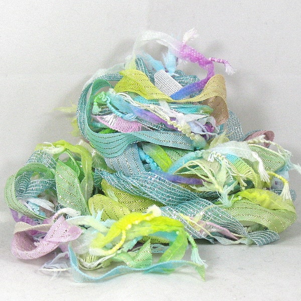 Pinafore Elements 12yd Art Yarn Bundle  . Fiber Sampler Pack . Textile Craft Kit . Hand Painted Ribbon Novelty Yarns . Aqua Yellow Pink Mint