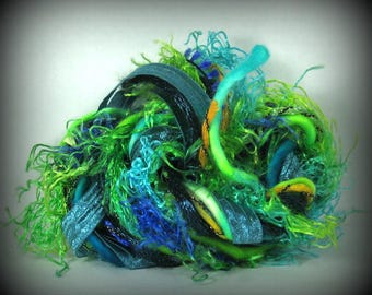 Plumage Elements 6x2=12 Yards Fiber Art Yarn Bundle . Teal, Chartreuse, Aqua, Gold, Cobalt, Emerald