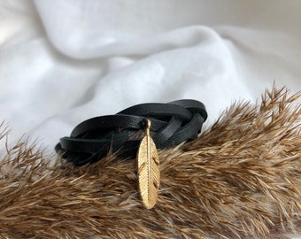 Braided leather charm bracelet Unisex Leather Bracelet  Free shipping gold feather charm bracelet feather pendant