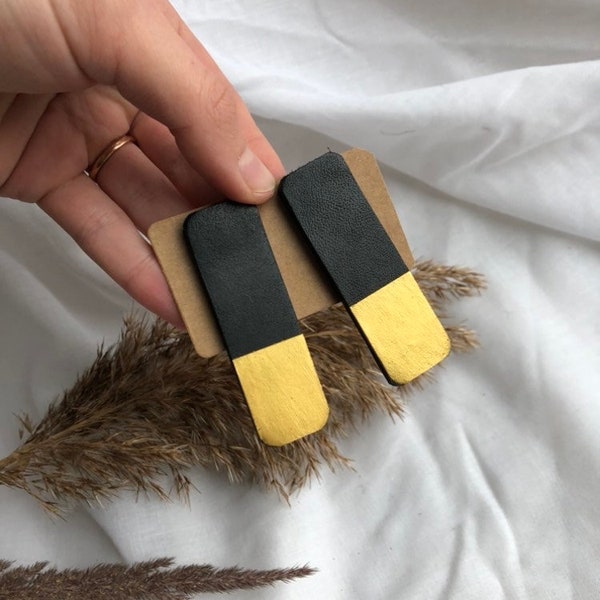 Black leather earrings, black and gold leather, geometric earrings,rectangular earrings, minimalist