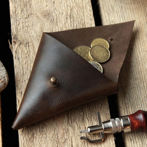 Leather Coin Purse, Leather Coin Pouch, Triangle Coin Purse, Leather Coin Case, Coin Wallet