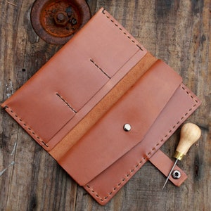 Cartera de cuero para mujer, cartera de cuero marrón, cartera doble para mujer, cartera larga de cuero, cartera larga y delgada de cuero, cartera larga hecha a mano