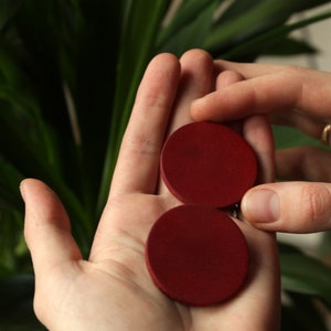 Red circle earrings, round leather earrings, round stud earrings