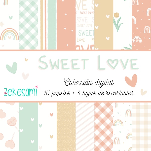 Sweet Love - Digital Paper Collection. 16 Printable Papers + 3 Cut-out Sheet. Paper Digital, Digital Scrapbooking, Album