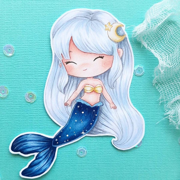 PNG Chibi sirena Luna. Pack Sello digital, digi stamp, digistamp, digital stamp, tarjetería, scrapbooking, cardmaking, mermaid, mermay