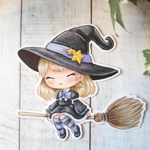 PNG Chibi Brujita Voladora. Pack Sello digital, digi stamp, digistamp, digital stamp, tarjetería, scrapbook, cardmaking, halloween, witch