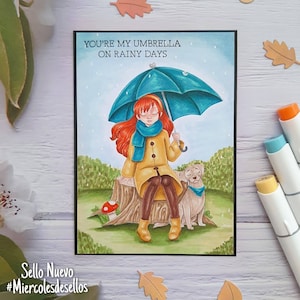 Amalia. Timbres numériques, timbre digi, digistamp, timbre numérique, cartes, scrapbooking, fabrication de cartes, automne, automne, chien, pluvieux, parapluie