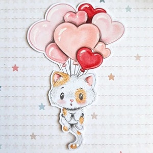 PNG Gato Globos. Pack Sello digital, digi stamp, digistamp, digital stamp, tarjetería, scrapbooking, cardmaking, love, san valentin, amor