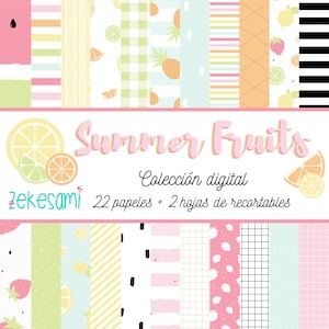 Frutas de Verão - Coleção de Papel Digital. 22 papéis imprimíveis + 2 folhas recortadas. Papel Digital, Scrapbooking Digital, Álbum
