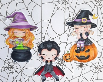 PNG クラシック チビ ハロウィン パック。デジタルスタンプ、デジスタンプ、デジスタンプ、デジタルスタンプ、カード作り、スクラップ、カード作り、魔女、吸血鬼、魔女
