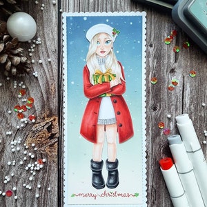 Ana with Christmas Gift. Digital stamps, digi stamp, digistamp, digital stamp, carding, scrapbooking, cardmaking, crafts, xmas