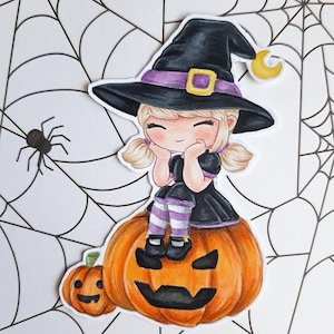 PNG Chibi Brujita Calabaza. Pack Sello digital, digi stamp, digistamp, digital stamp, tarjetería, scrapbooking, cardmaking, halloween, witch